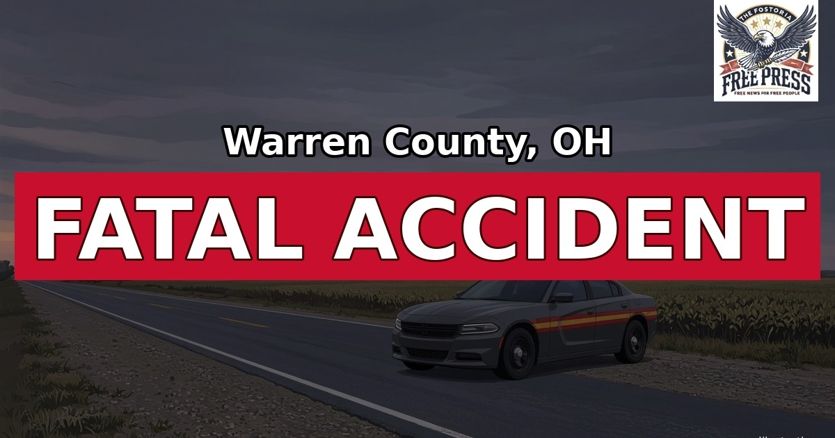 Illustration: Warren County, OH fatal accident graphic with a highway patrol cruiser